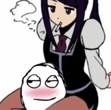 a cartoon of a girl sitting on a man 's lap smoking a cigarette