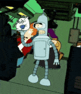 a cartoon of bender from futurama holding a cat in his hand