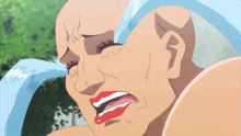 a cartoon drawing of a woman with blue hair and red lips