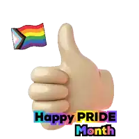 a hand giving a thumbs up with the words happy pride month below it