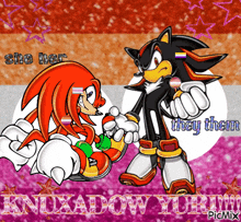knuxadow and shadow from sonic the hedgehog are standing next to each other