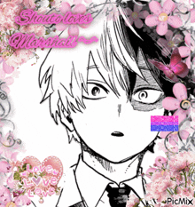 a black and white drawing of a boy with pink flowers and the words shouto loves marina
