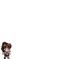 a pixel art of a girl in a green skirt standing on a white background