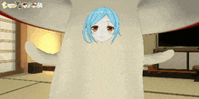 a cartoon girl with blue hair is standing in a room