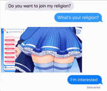 a girl in a blue dress is being asked if she wants to join the religion