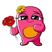 a pink cartoon character holding a bouquet of flowers