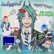 a picture of a man with green hair and the words " my cutie is a angel "