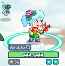 a girl with blue hair and a flower in her hair is weak to 444/444 in a video game