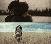 a woman holding a child in a field with the word kepler on the bottom right
