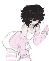 a drawing of a girl with black hair wearing a pink outfit