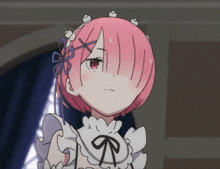 a close up of a girl with pink hair and a bow in her hair