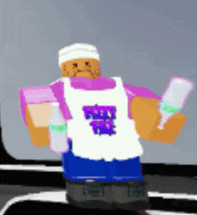a cartoon character is holding a bottle of water and a bottle of soda .