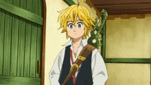 a cartoon character with blonde hair and blue eyes is standing in front of a green door