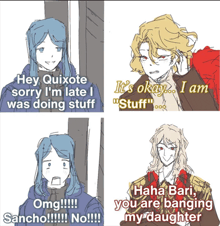 a cartoon of a man and a woman talking to each other with one saying hey quixote