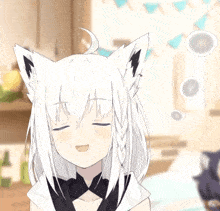 a cartoon character with white hair and black ears is smiling