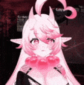 a girl with pink hair and horns is wearing a pink choker