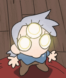 a cartoon drawing of a person with three eyes and a question mark on their shirt