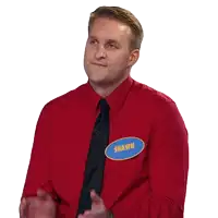 a man wearing a red shirt and tie has a name tag that says shawn