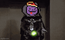 a pixel art of a man holding a light saber in front of a door .