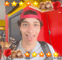 a man wearing a red hat is surrounded by animals and hearts and says picmix at the bottom