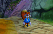 a cartoon squirrel in a blue jacket with the letter b on it