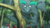 a cartoon drawing of a gargoyle with blue horns and white eyes