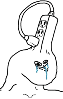 a black and white drawing of a person holding a power strip