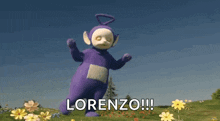 a purple teletubbies teddy bear is standing in a field of flowers .
