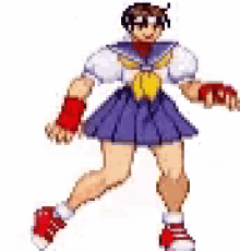 a pixel art of a girl in a purple skirt and red gloves standing on a white background .