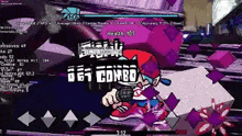 a cartoon character is playing a video game with purple cubes flying around him .