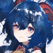 a close up of a girl with blue hair and horns .