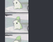 a cartoon of a ghost with a green leaf on its head .