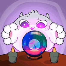a cartoon character is holding a crystal ball with a picture of a boat in it
