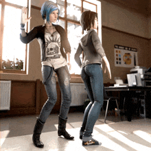 two girls are standing next to each other in a room with a sign on the wall that says " no smoking in classroom "