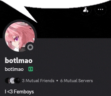 botlmao has 3 mutual friends and 6 mutual servers .