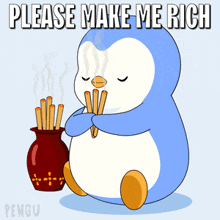 a penguin is holding sticks in front of a vase with the words please make me rich written on it