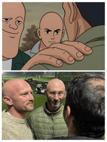 two bald men are standing next to each other and one has a cartoon face