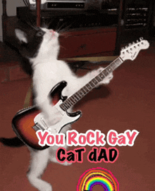 a cat playing a guitar with the words you rock gay cat dad