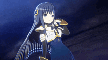 a girl in a blue and white outfit is dancing with closed eyes