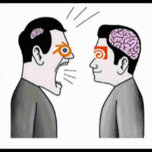 two men are looking at each other with one having a brain on his head