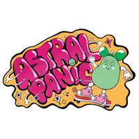 a logo for a company called astral panic with a green pear on a skateboard