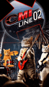 two cats are playing drums and guitars in front of a cmi line 02 logo