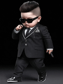a baby dressed in a suit and tie with versace sunglasses on