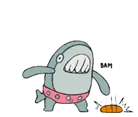 a cartoon shark is holding a ball and says bam on the bottom