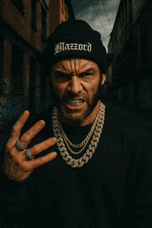 a man wearing a black beanie that says blazord on it
