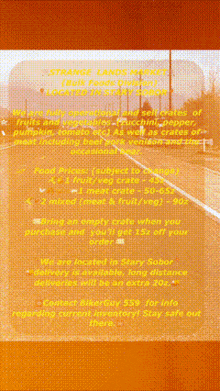 an advertisement for strange lands market shows a road and a building