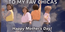a group of women are dancing together in front of a cloudy sky in a happy mother 's day meme .