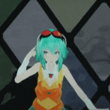 a girl with green hair is wearing sunglasses and an orange dress
