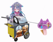a girl with purple hair is standing next to an ice cream cart with ice cream cones on it