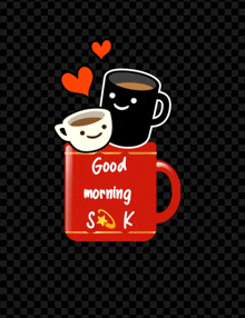 a red cup that says good morning s k